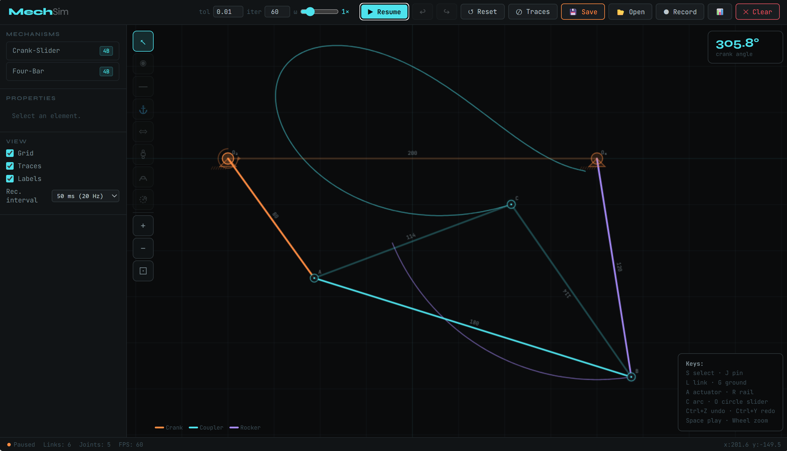 MechSim simulator — four-bar linkage with coupler curves and trace paths
